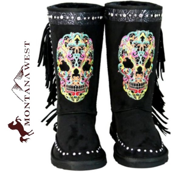 MONTANA WEST Black Sugar Skull Shearling Boots - Picture 2 of 9